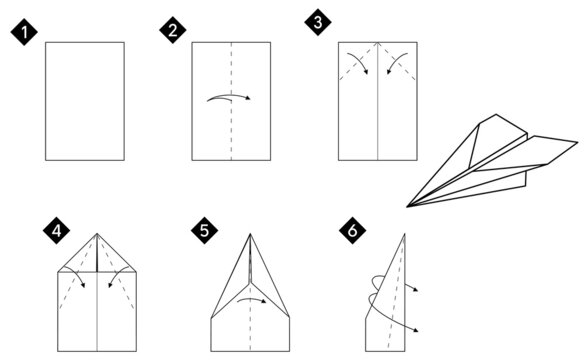 Instructions how to make origami airplane. Black and white colors. Vector step by step tutorial monochrome illustration.