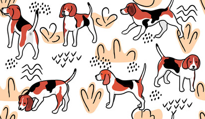 Fototapeta na wymiar Seamless pattern with Beagle dogs and abstract shapes.Cute background and texture for printing on fabric and paper.Hand drawn vector cartoon isolated illustration with animal characters.