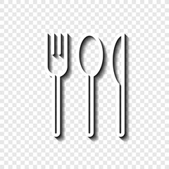 Fork spoon knife simple icon. Flat desing. White with shadow on transparent grid.ai