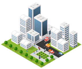 Isometric 3D illustration city urban area with a lot of houses and skyscrapers