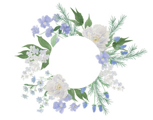 White and blue watercolor floral  round composition. Summer design element