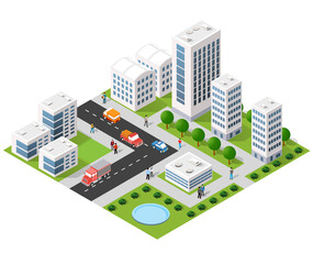 Isometric 3D illustration city urban area with a lot of houses and skyscrapers