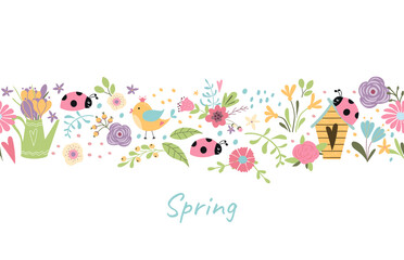 Spring border. Spring seamless flower border with colorful daisies, bird, insect, ladybug, birdhouse. Repeated floral border, repeated pattern. Summer vector illustration.