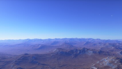 alien planet landscape sci fi spatial background, view from planet surface with spectacular sky, realistic digital illustration	
