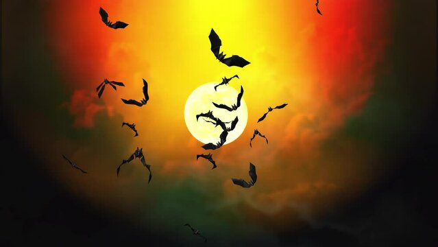 Flying Bats animation on green screen. flying bats Animation with Black Alpha Matte. Halloween Bats on Moon Night Background. Fly Silhouette Bat. Many Flittermouse. Bat Party. Halloween Night festival