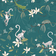 Vector tropical jungle seamless pattern Lemurs, chameleons, lizard, palm leaves, vanilla flowers, green trendy fashion background © Fleur*Design
