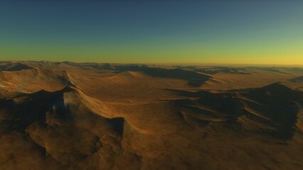 alien planet landscape sci fi spatial background, view from planet surface with spectacular sky, realistic digital illustration	
