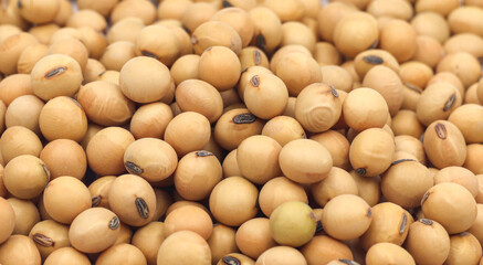 Close-up shot on a background of a pile of dried soybeans. for product advertisement