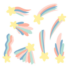 Shooting star. Falling. Children cute cartoon star, comet, tail. Rainbow color. Baby nursery element. Vector set illustration isolated on white background.