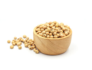 soybean seeds in a wooden bowl isolated on white background