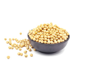 soybean seeds in a wooden bowl isolated on white background