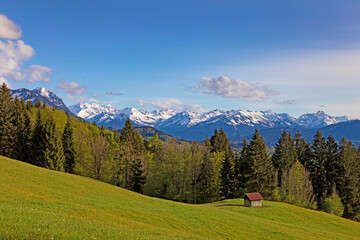 Obraz premium Allgäu - Berge - Frühling - Stadel - malerisch - Alpen