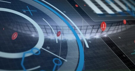 Data processing japan print on over rugby balls falling against sports stadium in background - Powered by Adobe