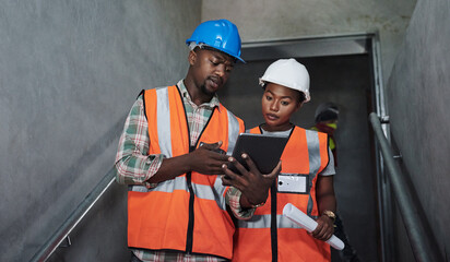 The construction crew doing what they were born to do. Shot of a young man and woman using a digital tablet while working at a construction site. - Powered by Adobe