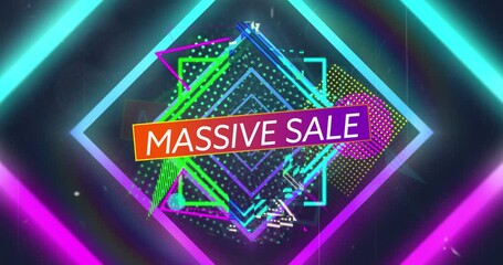 Animation of pink and blue neon geometrical shapes over massive sale text - Powered by Adobe