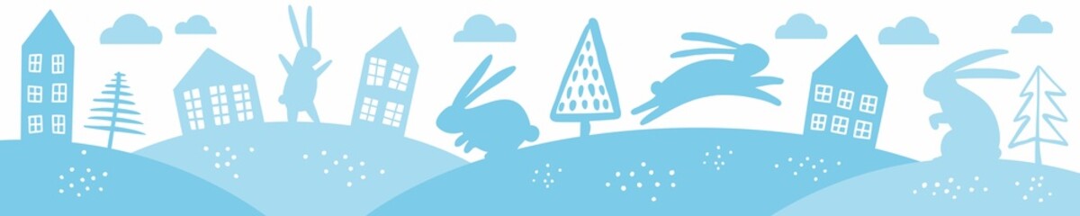 European hand-drawn houses and rabbits, horizontal illustration © Abundzu
