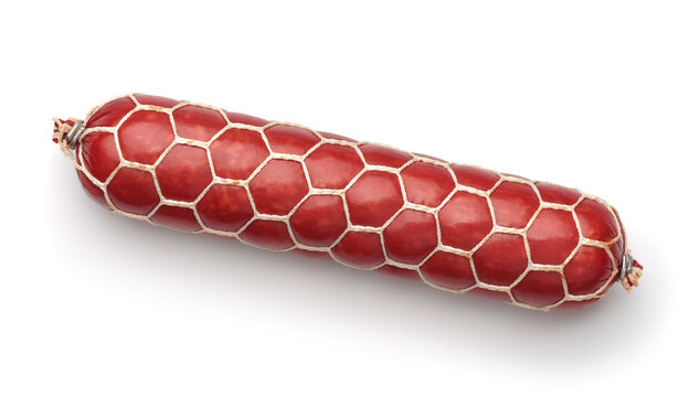 Top view of smoked sausage in string net