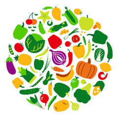 Vegetables and fruit icon set in a circle, vector illustration