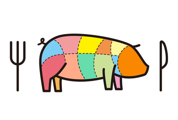 Pig meat cuts. butcher cuts diagram. Scheme of pork