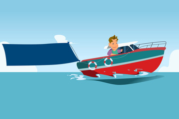 Boat Rider Carrying Blank Banner Cartoon Vector Illustration