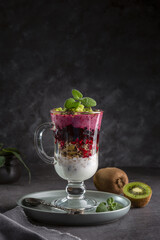 Yogurt smoothie with granola, blackcurrant and kiwi pieces. Delicious and healthy breakfast. Copy space