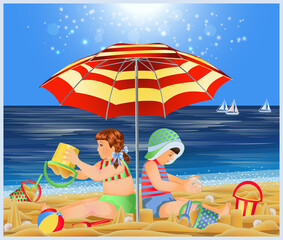 Obraz na płótnie Canvas Summer greeting card, cute little boy and girl building sandcastles on the beach. vector illustration