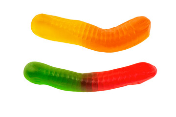 Fruit flavored worm shape, jelly candies. Isolated on white background. Cut out.