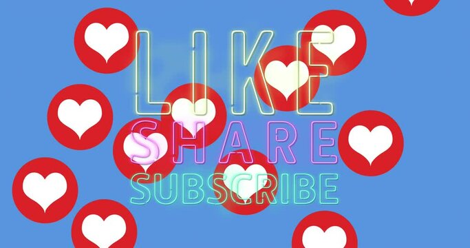 Animation of like share subscribe text over heart icons on blue background