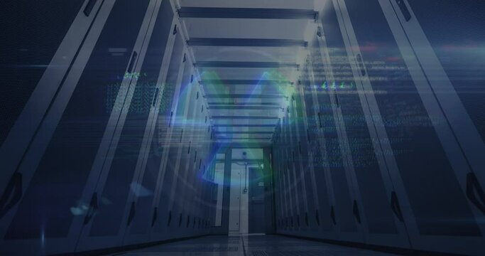 Animation of nuclear symbol over data processing and server room