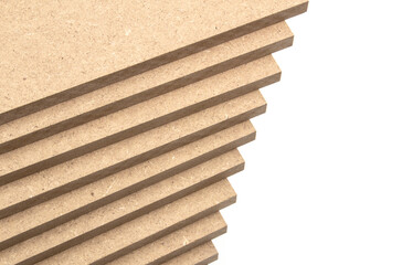 Raw mdf boards arranged in ascending order. Mdf is a material that is easy to process and can be painted, varnished and refined.