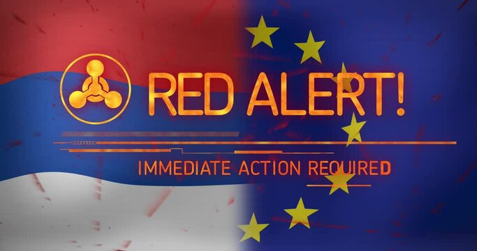 Animation of red alert text and symbol over flags of russia and eu