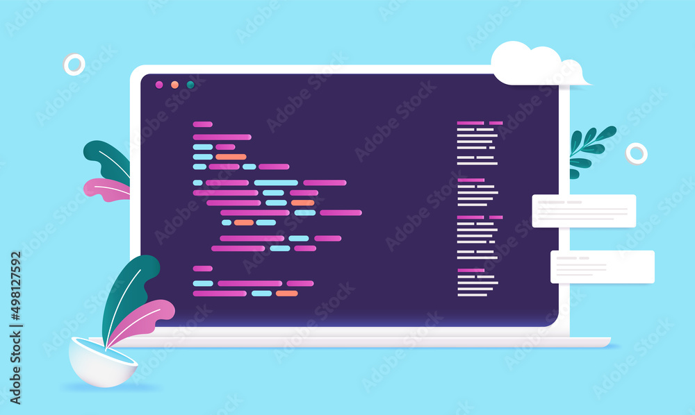 Leinwandbilder Computer code on laptop screen - Abstract coding language and web development concept. Semi flat vector illustration with blue background
