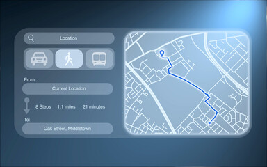 fictitious map app with navigation of a route for pedestrian and map view with a abstract blue gradient background, augmented reality, technology