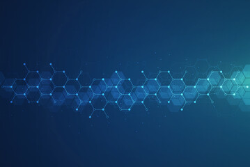 Hexagons pattern on blue background. Genetic research, molecular structure. Chemical engineering. Concept of innovation technology. Used for design healthcare, science and medicine background