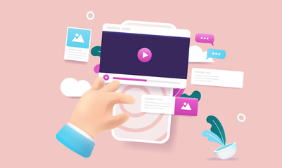 Using smartphone - Hand interacting with touch screen watching social media videos and content. Vector illustration