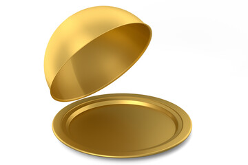 Gold tray with cloche ready to serve isolated on white background