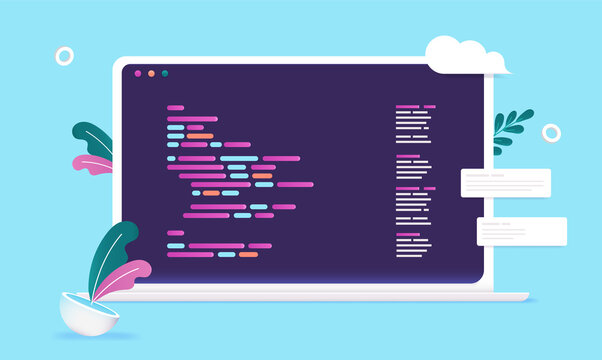 Computer code on laptop screen - Abstract coding language and web development concept. Semi flat vector illustration with blue background