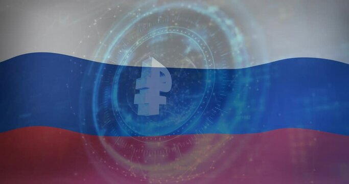 Animation of scope scanning and rouble symbol over flag of russia