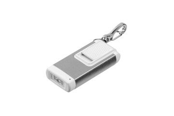 USB flashlight keychain.Metal LED flashlight isolate on a white back. Pocket lamp for dark time of day or dark rooms.