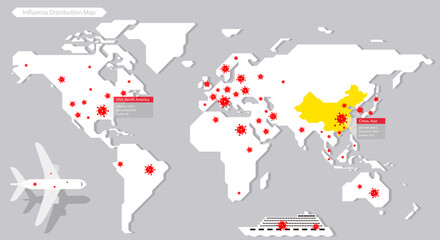 World economic chart, influenza epidemic, map of the world, vector background