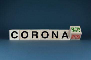 Cubes form the words corona facts or corona myths. Social Media Concept