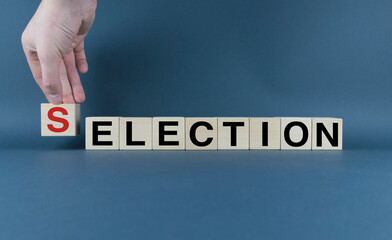 Cubes form the selection words Selection or Election. Voting concept