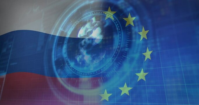 Animation of scope scanning and dollar symbol over flags of russia and eu