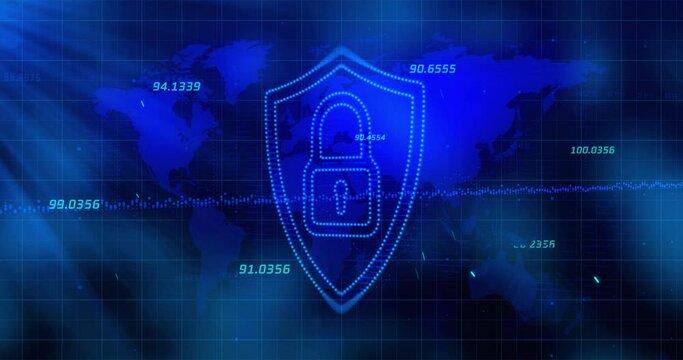 Animation of digital shield with padlock over blue background with world map