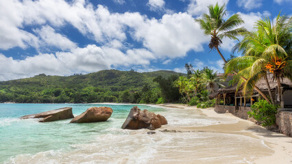 Beautiful Sunny beach in exotic Seychelles tropical island