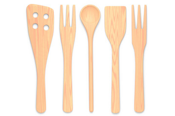 Wooden kitchen utensils, tools and equipment on white background.