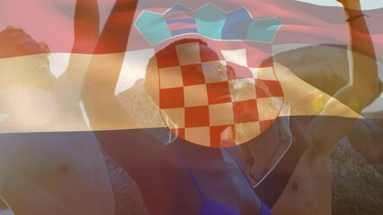 Animation of waving croatia flag over group of friend on the beach - Powered by Adobe