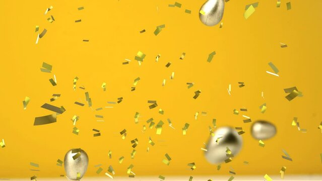 Animation of gold confetti and gold wrapped chocolate easter eggs falling on yellow background