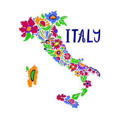 Handdrawn map of italy with colourful flowers. Visit Italy concept. Poster design or postcard illustration. Business travel card.