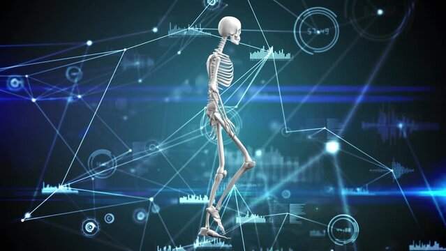 Animation of network of connections and data processing over human skeleton model